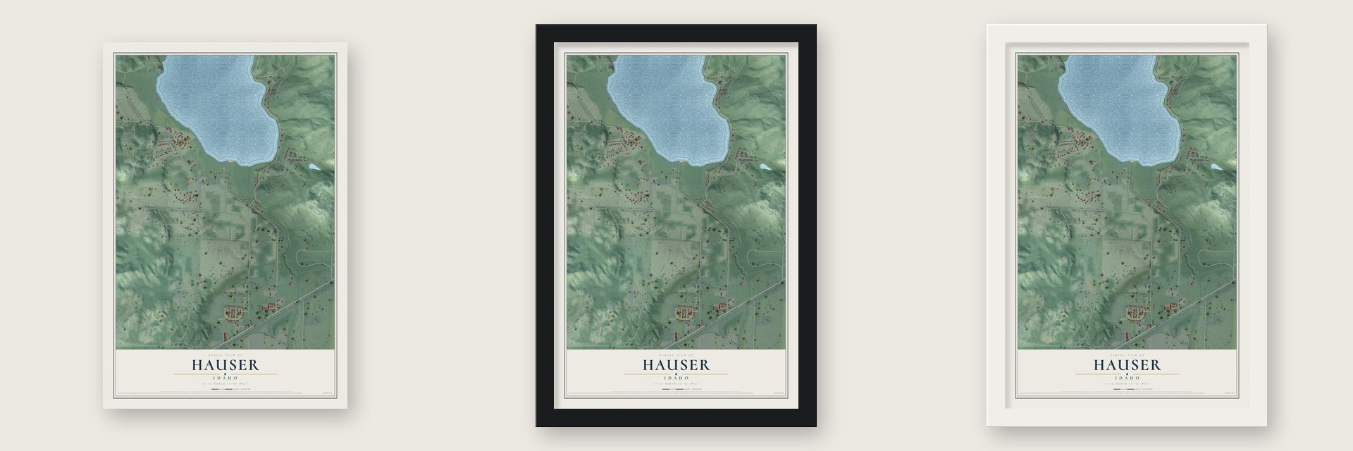 Hauser, Idaho map unframed, in a black wood frame and in a white wood frame