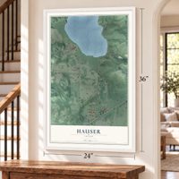 Hauser, Idaho map, 24 x 36 inch print in a white frame by a staircase