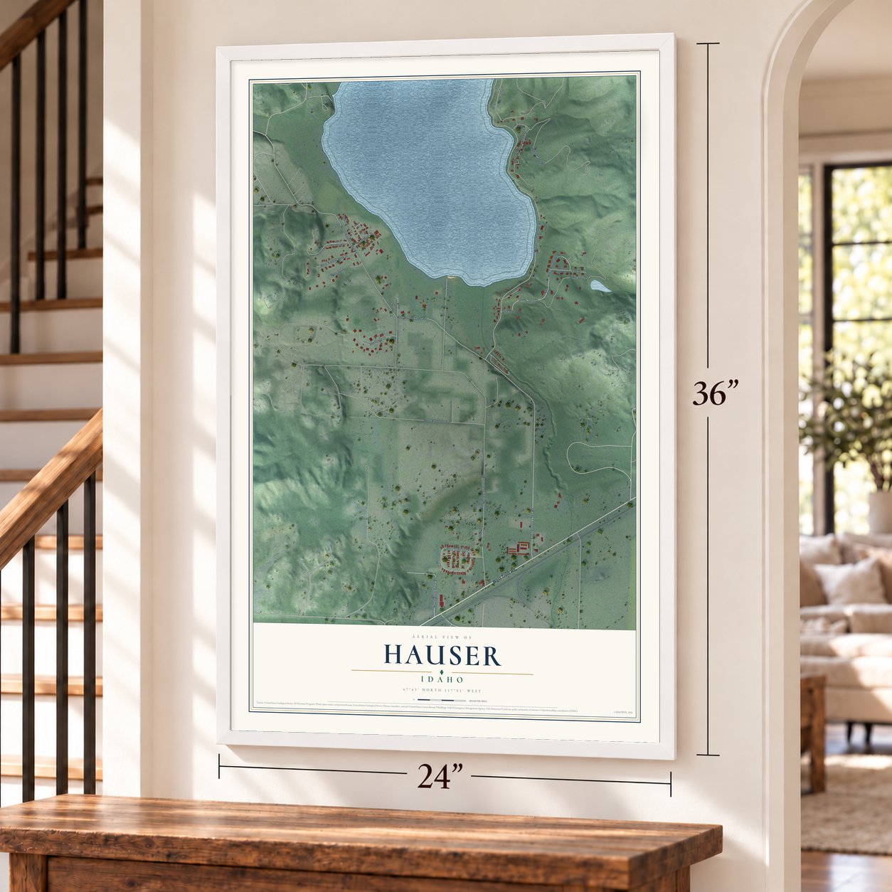 Hauser, Idaho map, 24 x 36 inch print in a white frame by a staircase
