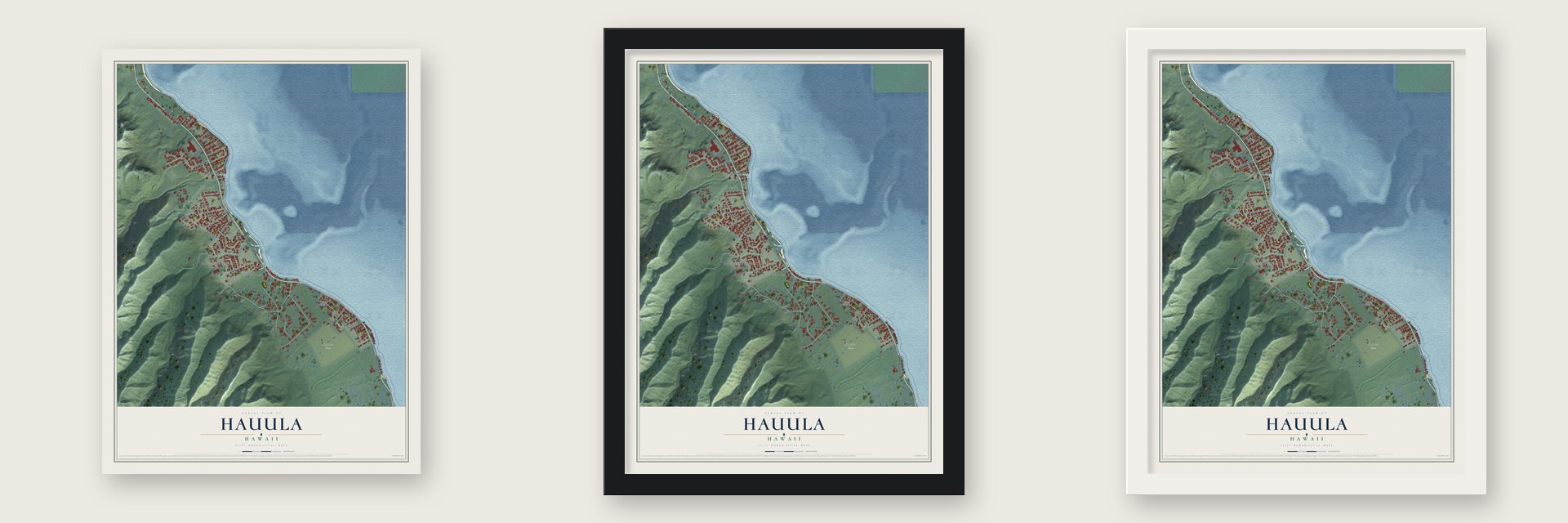 Hauula, Hawaii map unframed, in a black wood frame and in a white wood frame