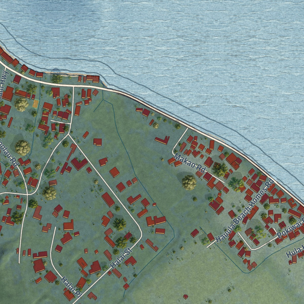Second close-up of the map of Hauula, Hawaii print showing more streets and buildings