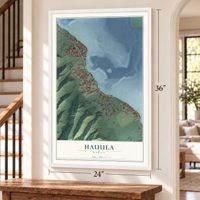 Hauula, Hawaii map, 24 x 36 inch print in a white frame by a staircase