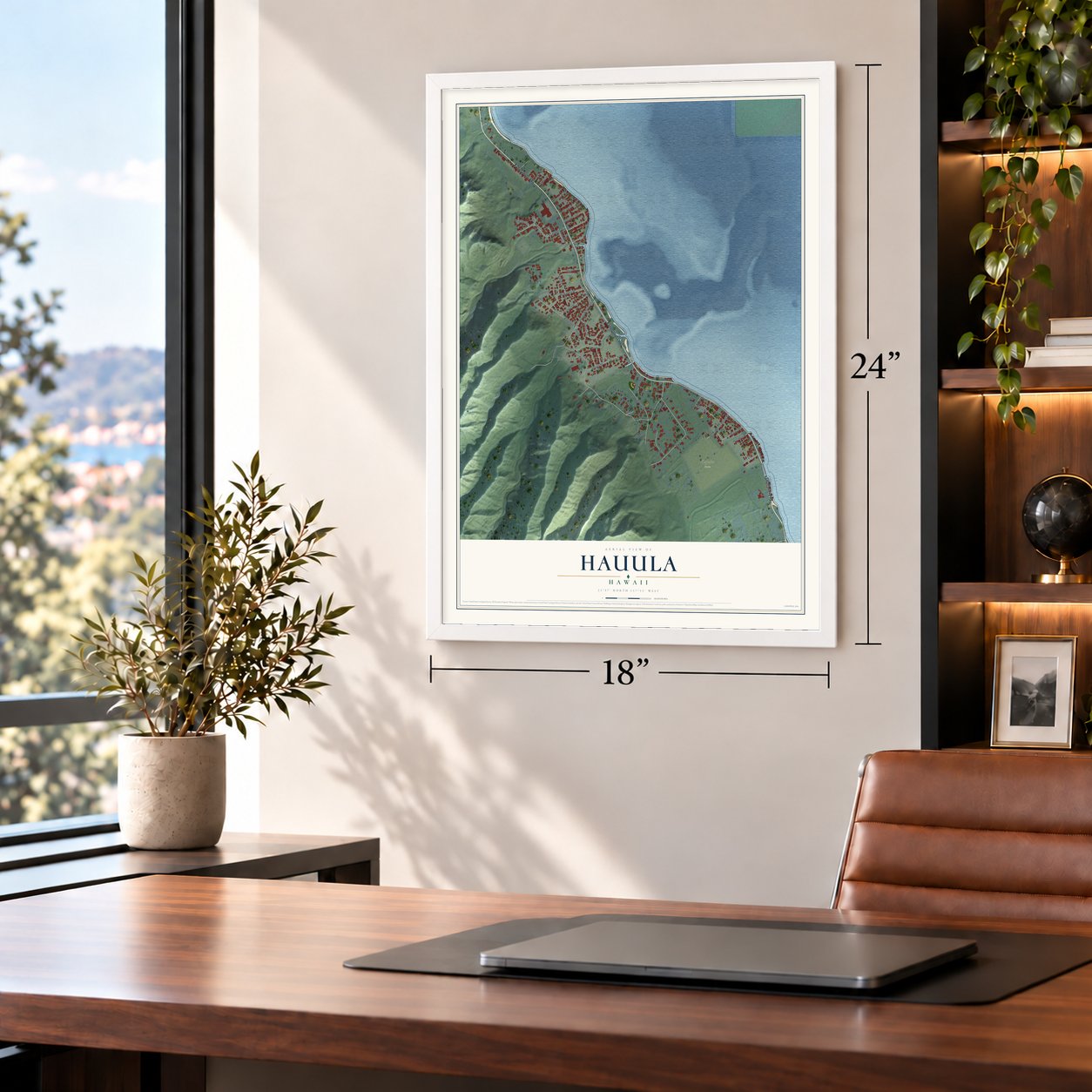 Hauula, Hawaii map, 18 x 24 inch print in a white frame in a home office