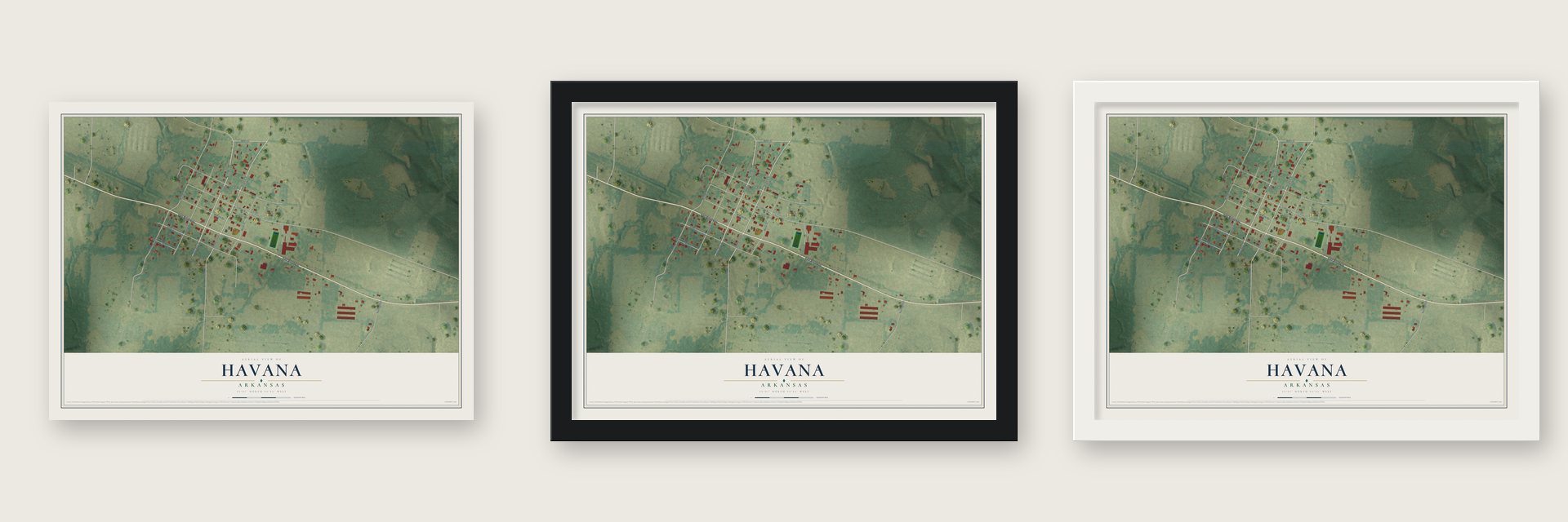 Havana, Arkansas map unframed, in a black wood frame and in a white wood frame