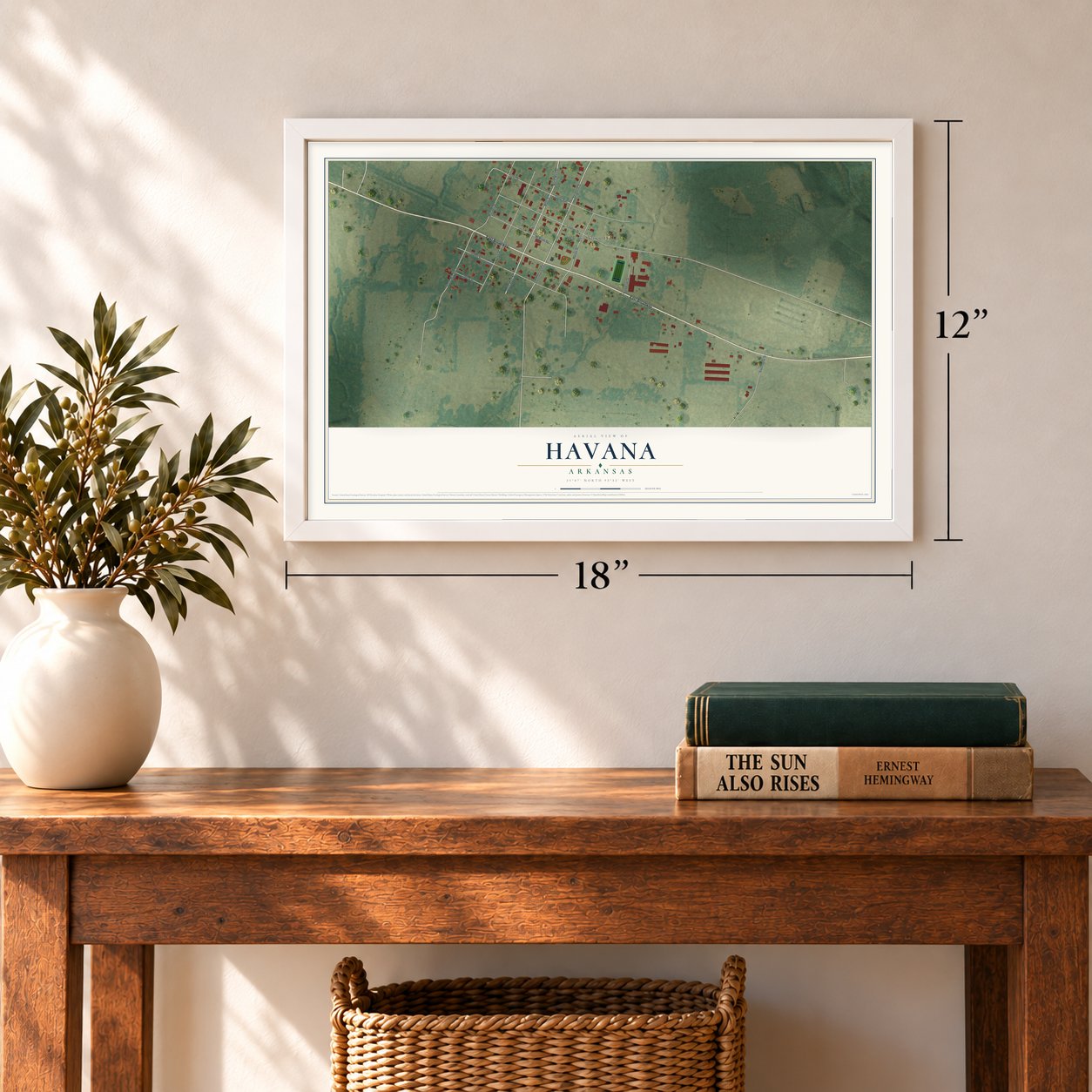 Havana, Arkansas map, 12 x 18 inch print in a white frame in an entryway