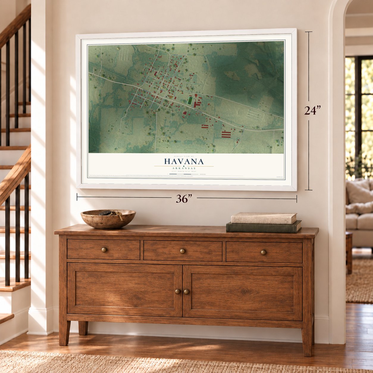 Havana, Arkansas map, 24 x 36 inch print in a white frame above a dresser by a staircase