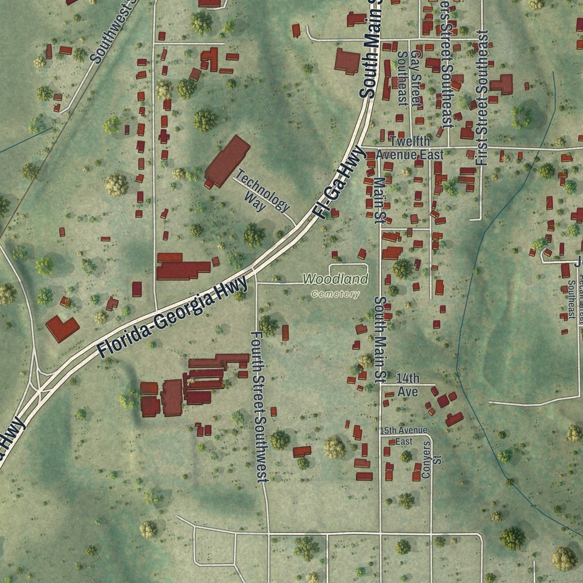 Second close-up of the map of Havana, Florida print showing more streets and buildings