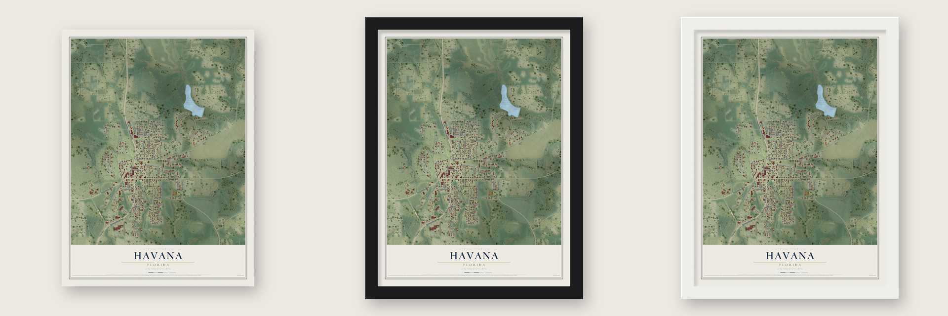 Havana, Florida map unframed, in a black wood frame and in a white wood frame