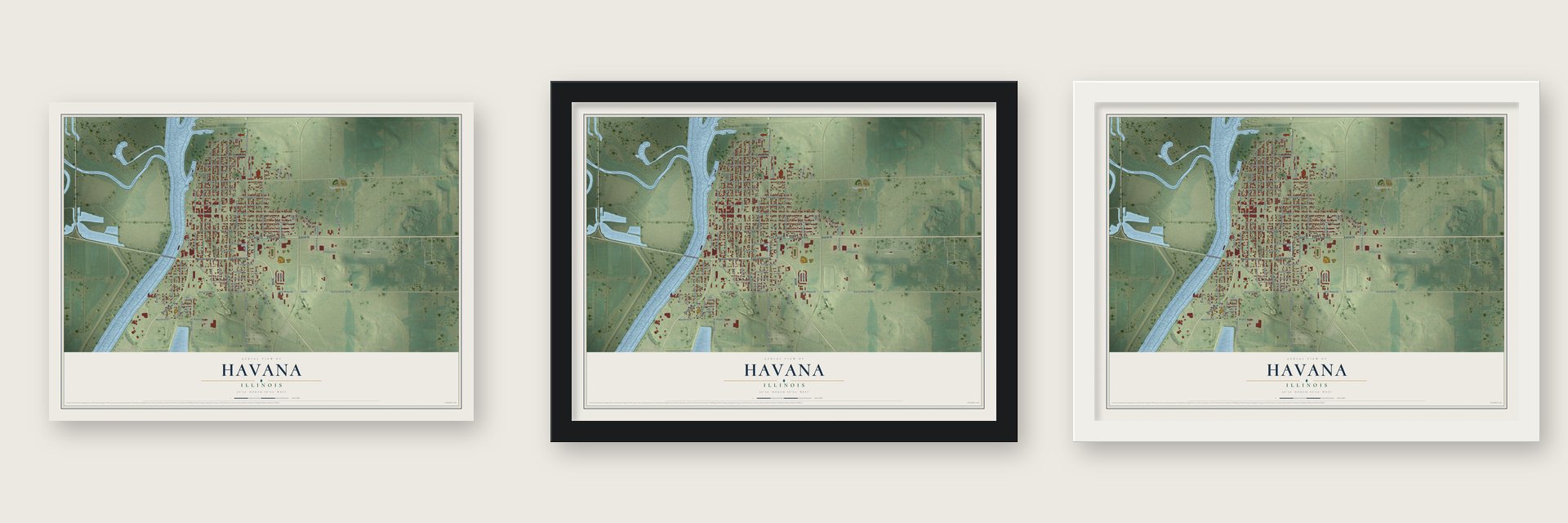Havana, Illinois map unframed, in a black wood frame and in a white wood frame