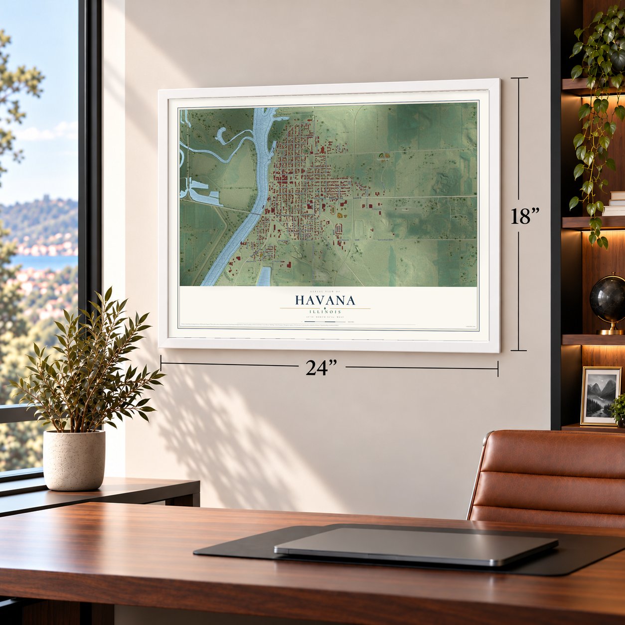 Havana, Illinois map, 18 x 24 inch print in a white frame in a home office