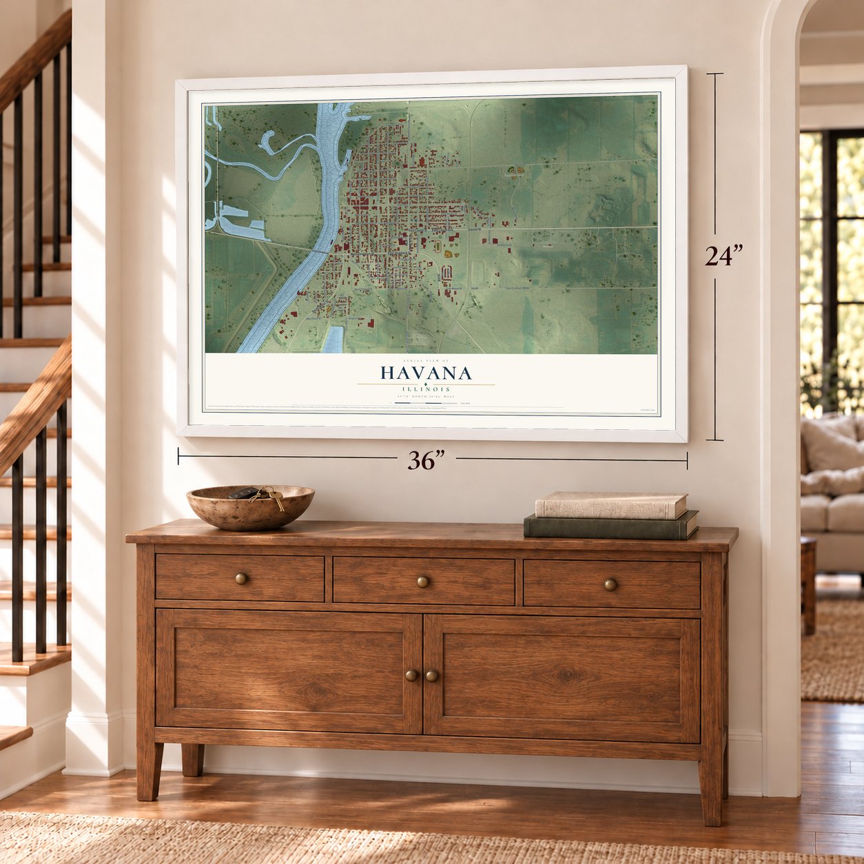 Havana, Illinois map, 24 x 36 inch print in a white frame above a dresser by a staircase