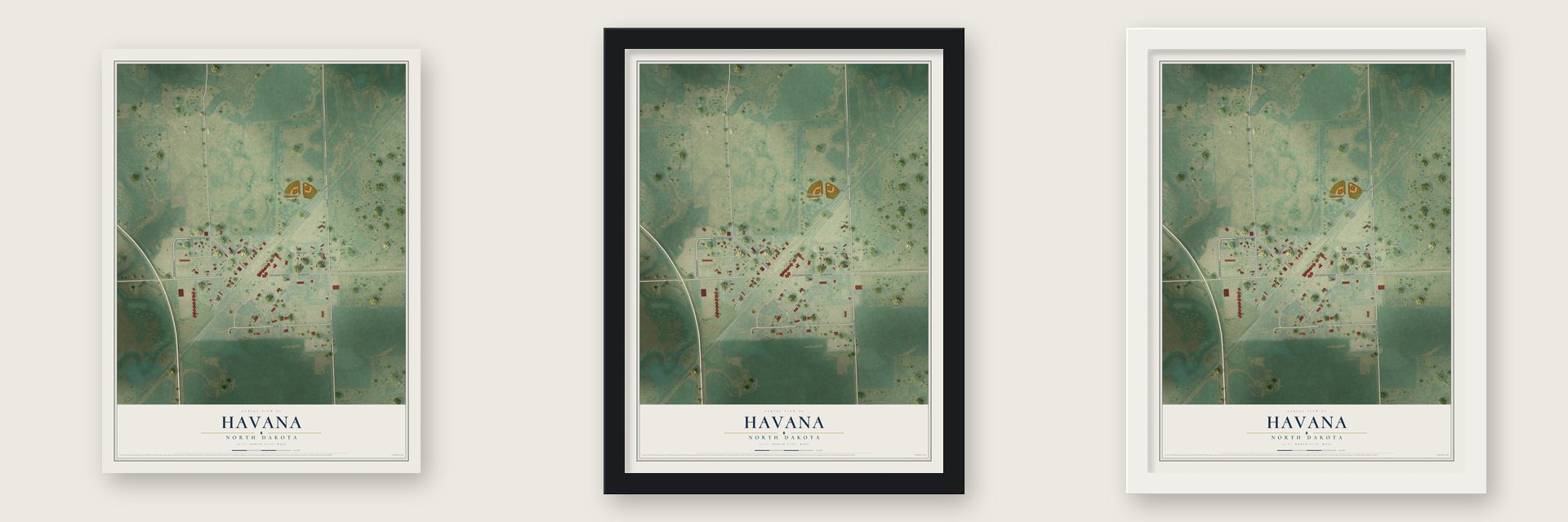 Havana, North Dakota map unframed, in a black wood frame and in a white wood frame