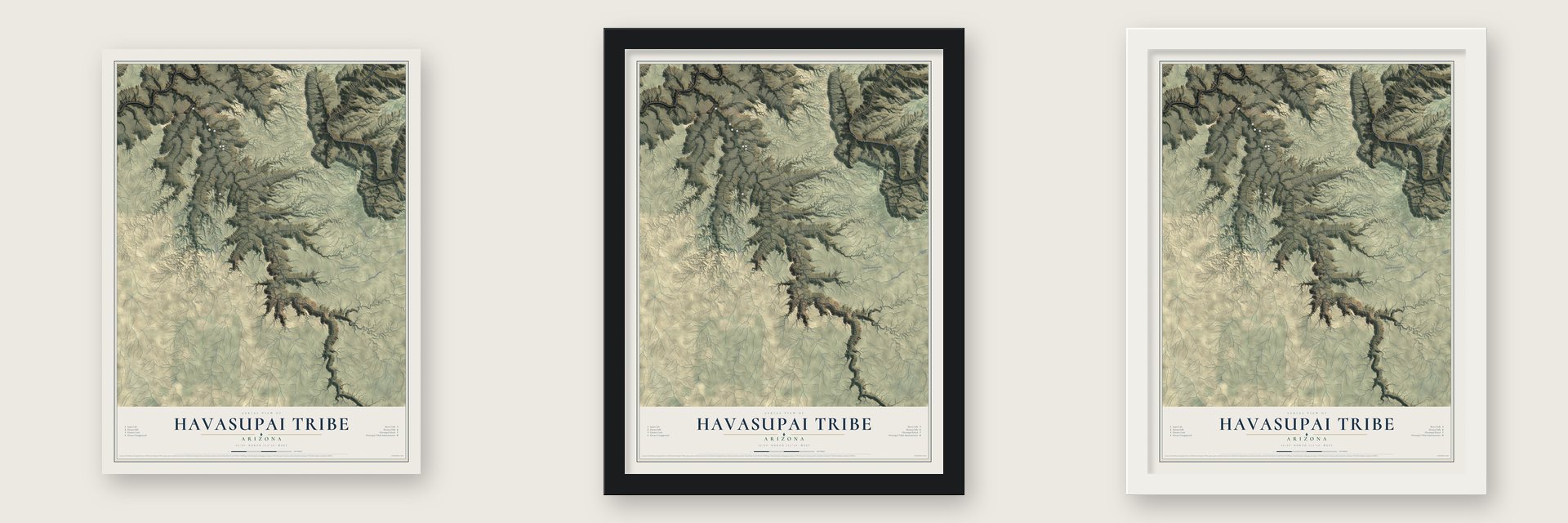 Havasupai Tribe, Arizona map unframed, in a black wood frame and in a white wood frame