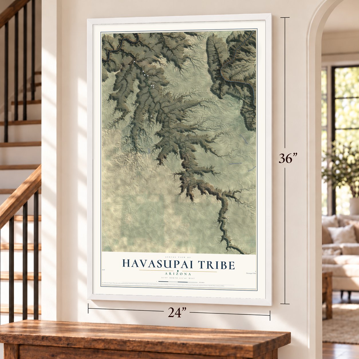 Havasupai Tribe, Arizona map, 24 x 36 inch print in a white frame by a staircase