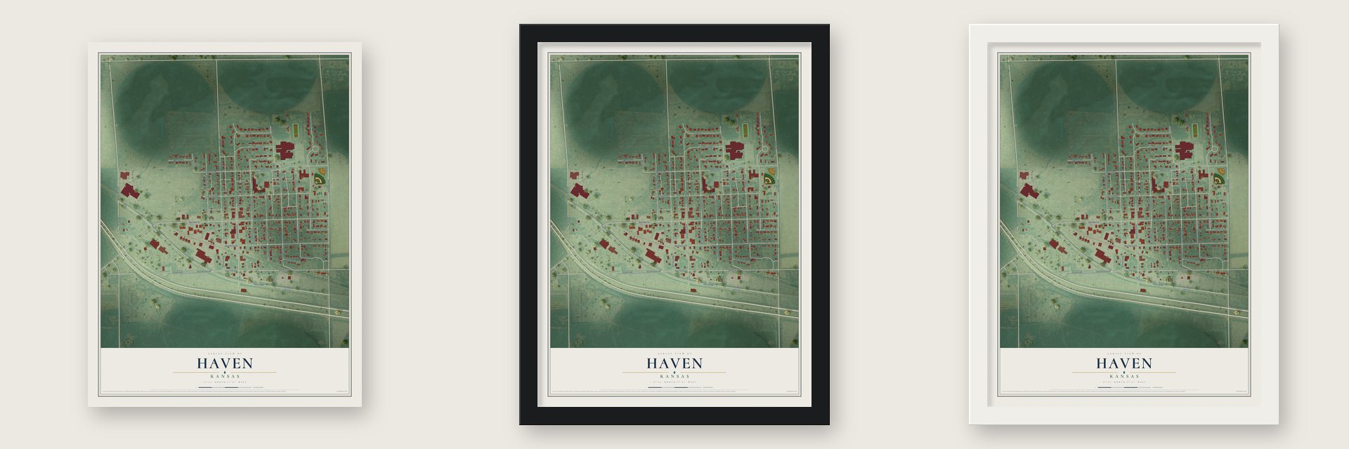 Haven, Kansas map unframed, in a black wood frame and in a white wood frame