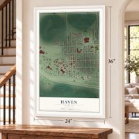 Haven, Kansas map, 24 x 36 inch print in a white frame by a staircase