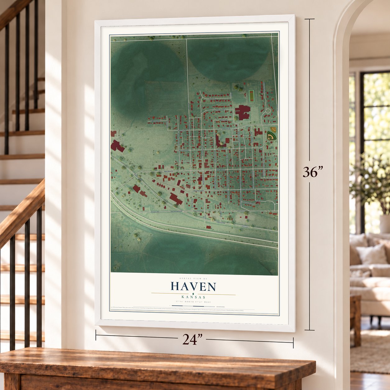 Haven, Kansas map, 24 x 36 inch print in a white frame by a staircase