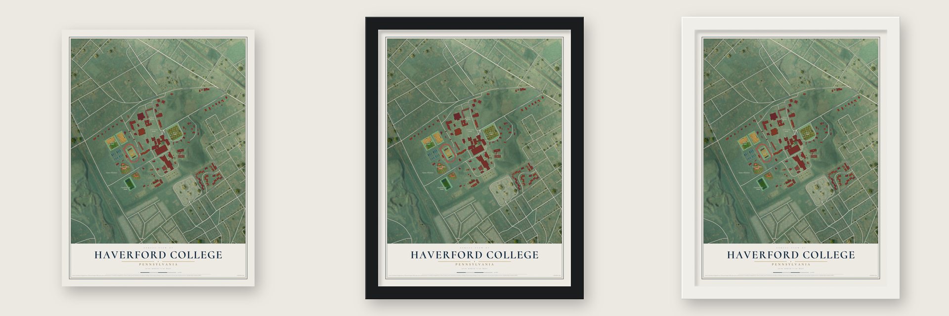 Haverford College, Pennsylvania map unframed, in a black wood frame and in a white wood frame