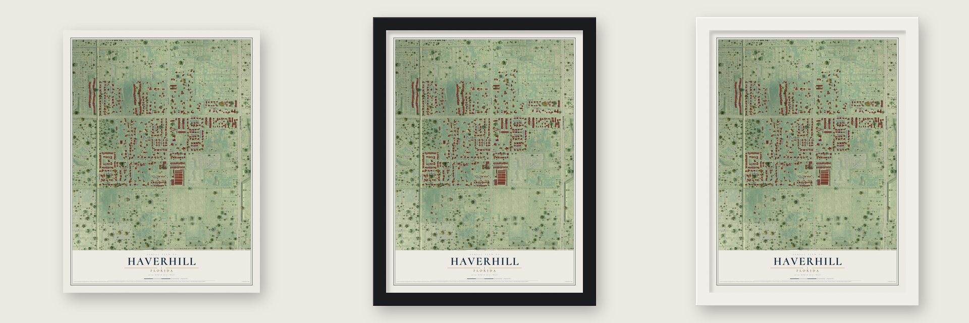Haverhill, Florida map unframed, in a black wood frame and in a white wood frame