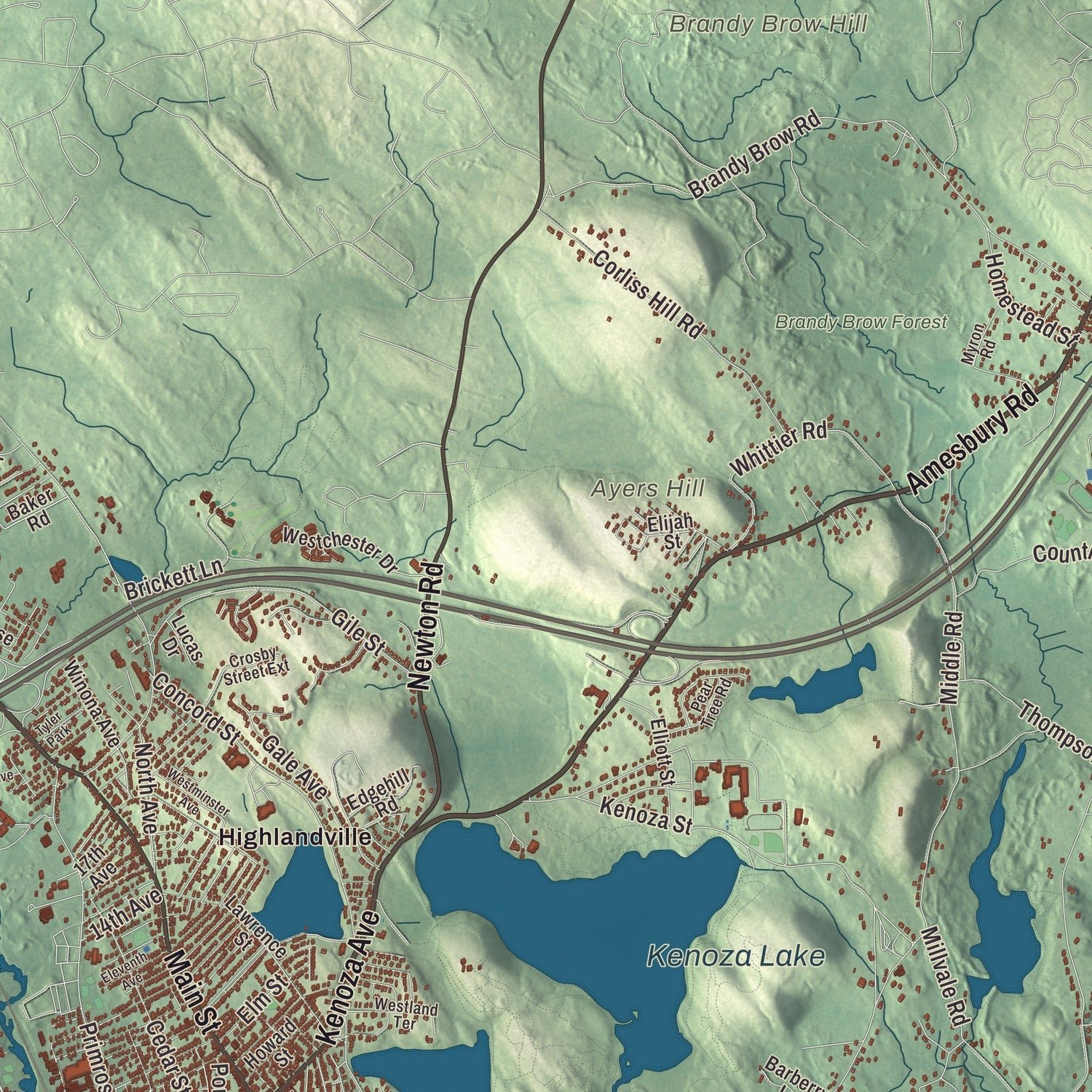 Close-up of the map of Haverhill, Massachusetts print showing terrain and local geography