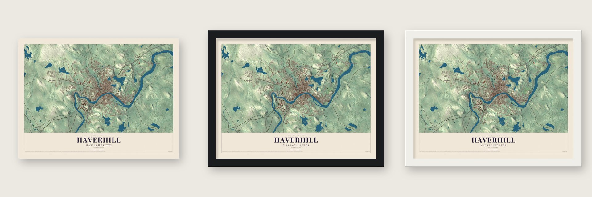 Haverhill, Massachusetts map unframed, in a black wood frame and in a white wood frame