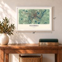 Haverhill, Massachusetts map, 12 x 18 inch print in a white frame in an entryway