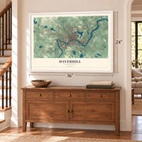Haverhill, Massachusetts map, 24 x 36 inch print in a white frame above a dresser by a staircase