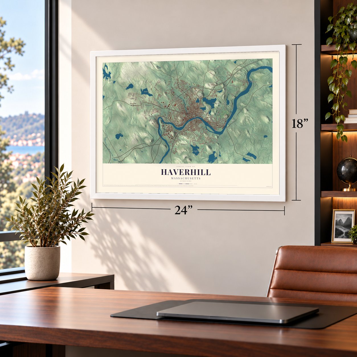 Haverhill, Massachusetts map, 18 x 24 inch print in a white frame in a home office