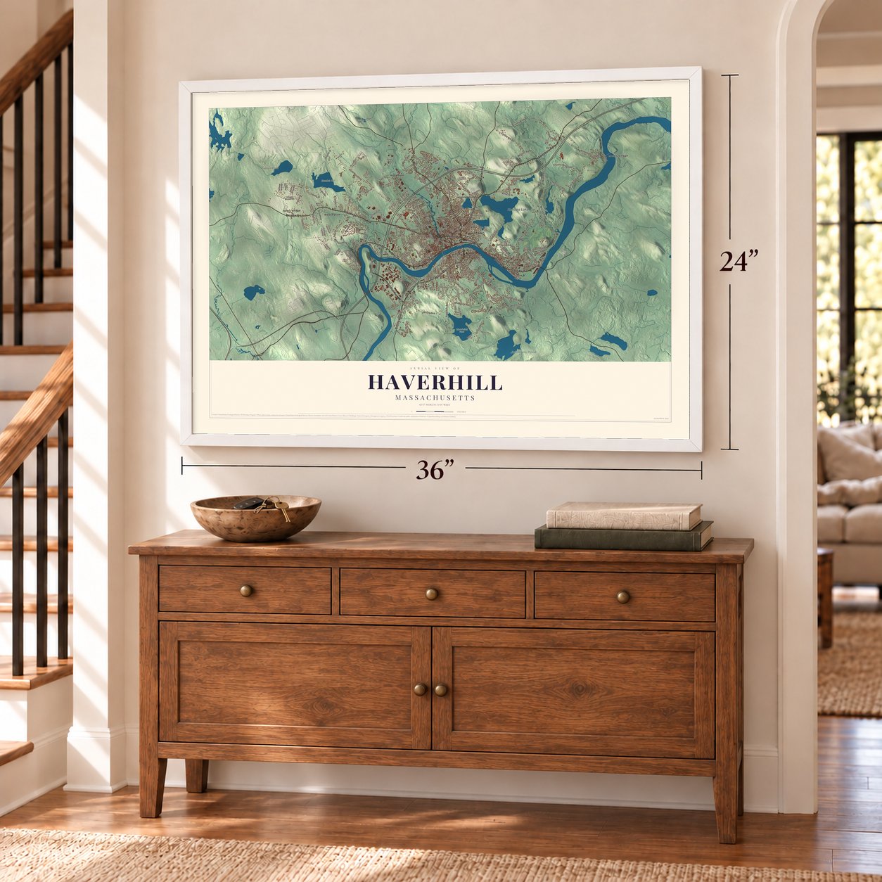 Haverhill, Massachusetts map, 24 x 36 inch print in a white frame above a dresser by a staircase
