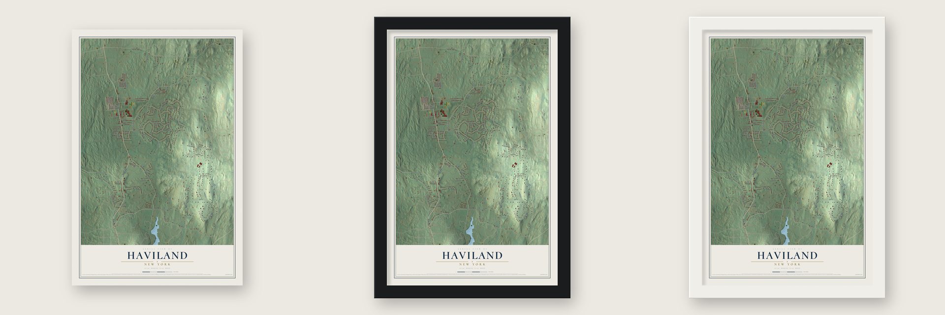 Haviland, New York map unframed, in a black wood frame and in a white wood frame
