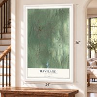 Haviland, New York map, 24 x 36 inch print in a white frame by a staircase