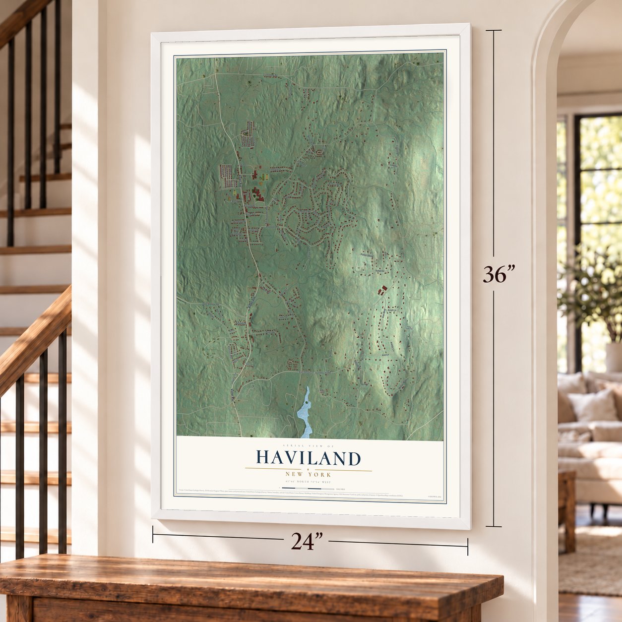 Haviland, New York map, 24 x 36 inch print in a white frame by a staircase