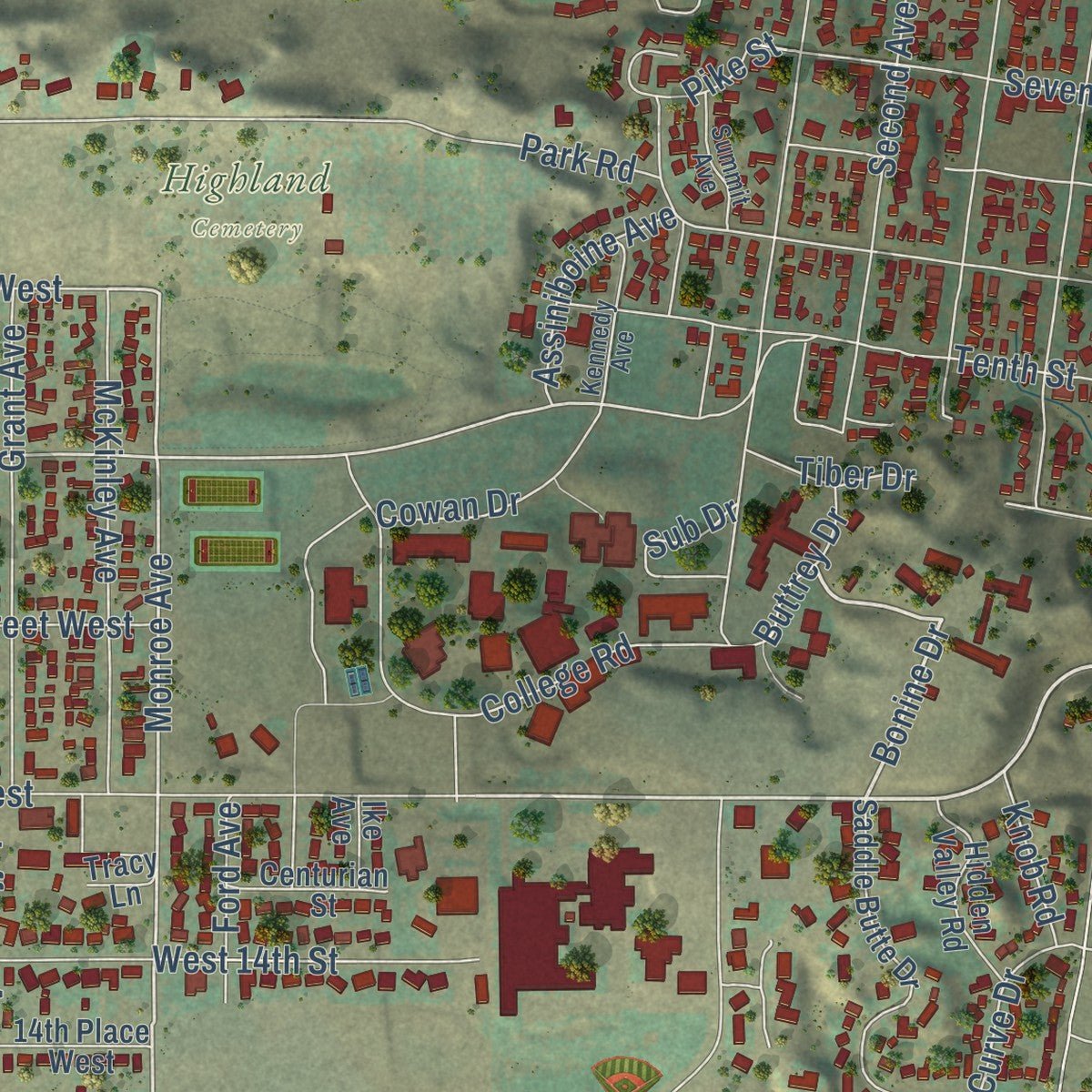 Second close-up of the map of Havre, Montana print showing more streets and buildings