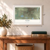 Havre, Montana map, 12 x 18 inch print in a white frame in an entryway