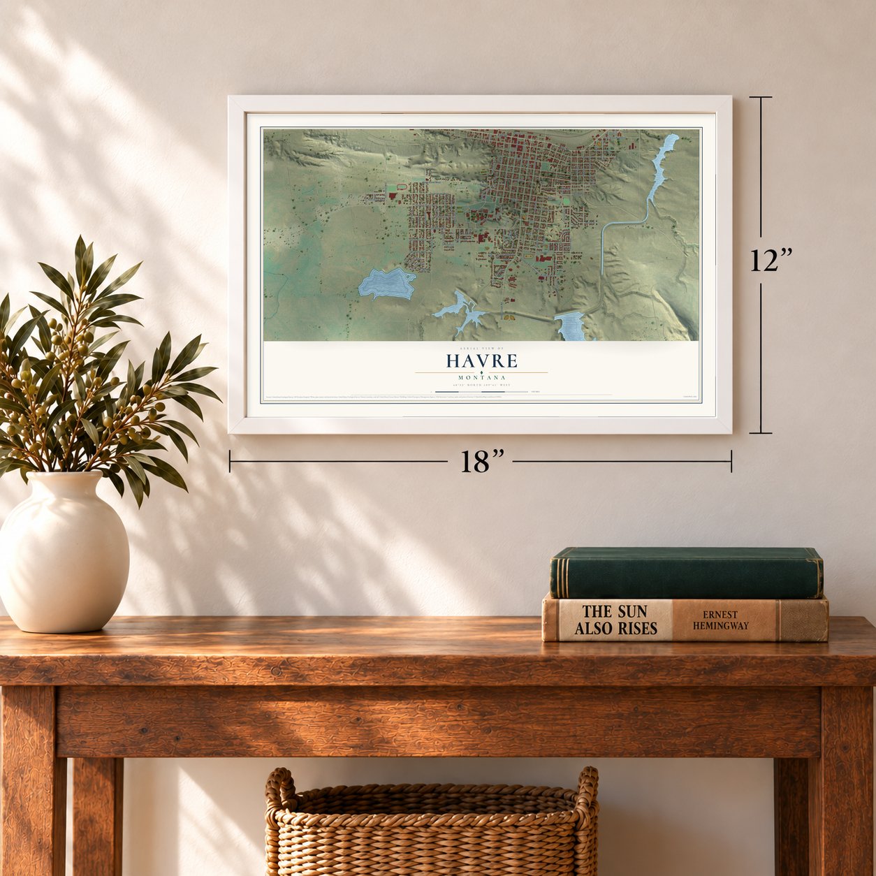 Havre, Montana map, 12 x 18 inch print in a white frame in an entryway