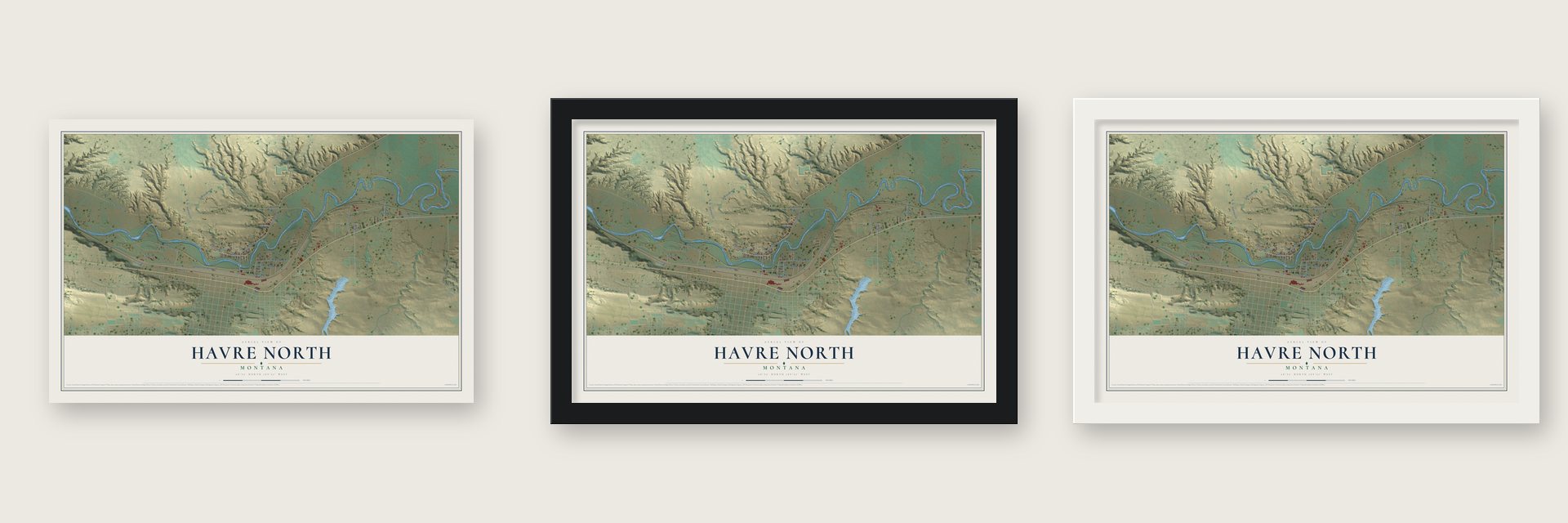 Havre North, Montana map unframed, in a black wood frame and in a white wood frame