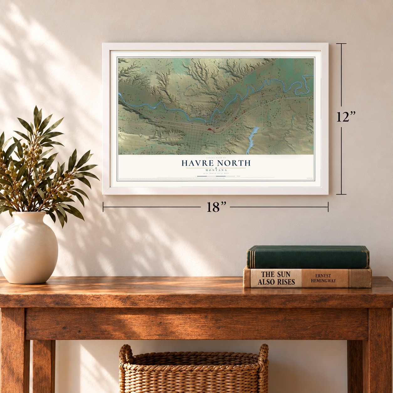Havre North, Montana map, 12 x 18 inch print in a white frame in an entryway