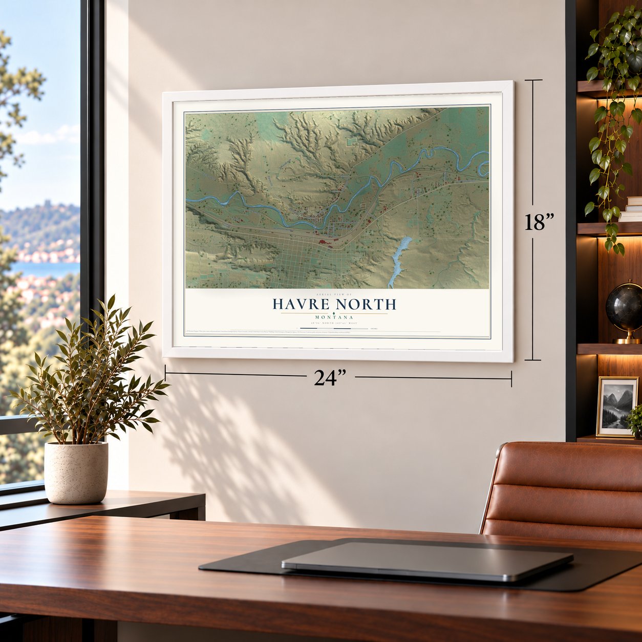 Havre North, Montana map, 18 x 24 inch print in a white frame in a home office