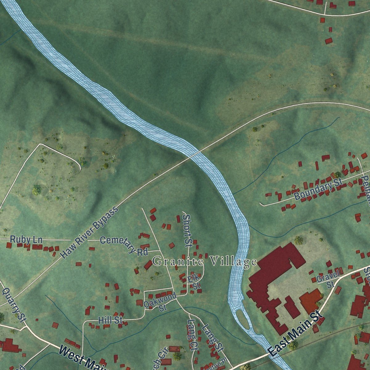 Second close-up of the map of Haw River, North Carolina print showing more streets and buildings