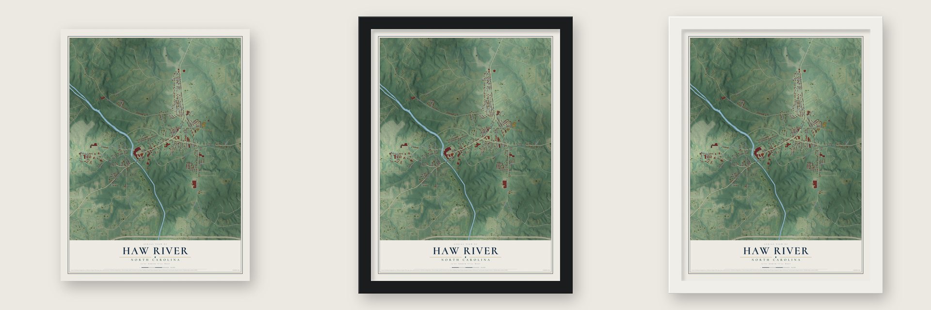 Haw River, North Carolina map unframed, in a black wood frame and in a white wood frame