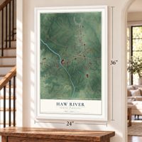 Haw River, North Carolina map, 24 x 36 inch print in a white frame by a staircase