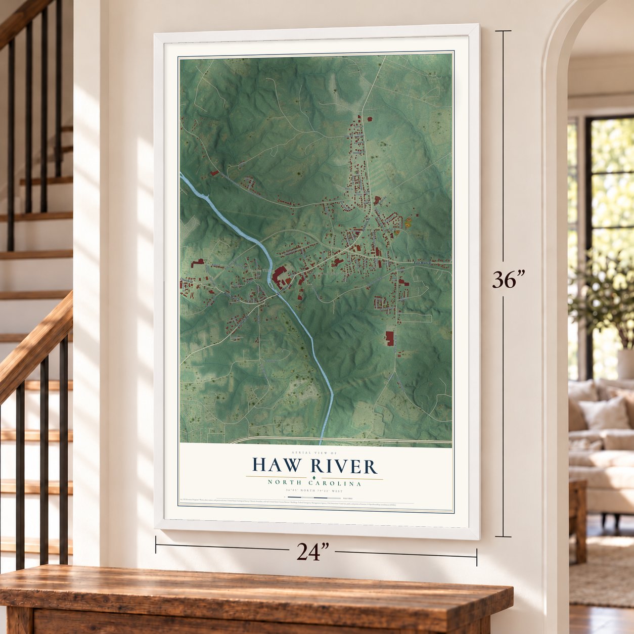 Haw River, North Carolina map, 24 x 36 inch print in a white frame by a staircase