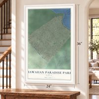 Hawaiian Paradise Park, Hawaii map, 24 x 36 inch print in a white frame by a staircase