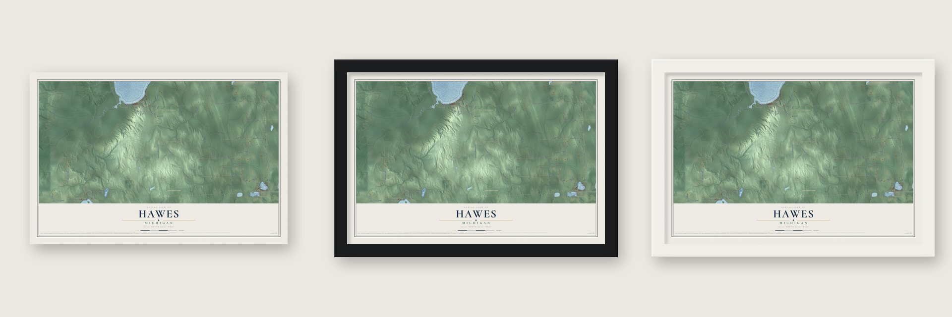 Hawes, Michigan map unframed, in a black wood frame and in a white wood frame