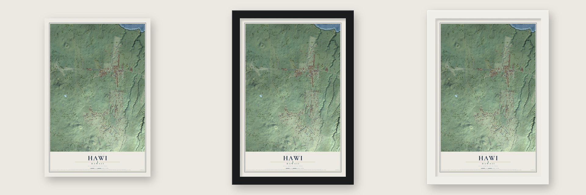 Hawi, Hawaii map unframed, in a black wood frame and in a white wood frame