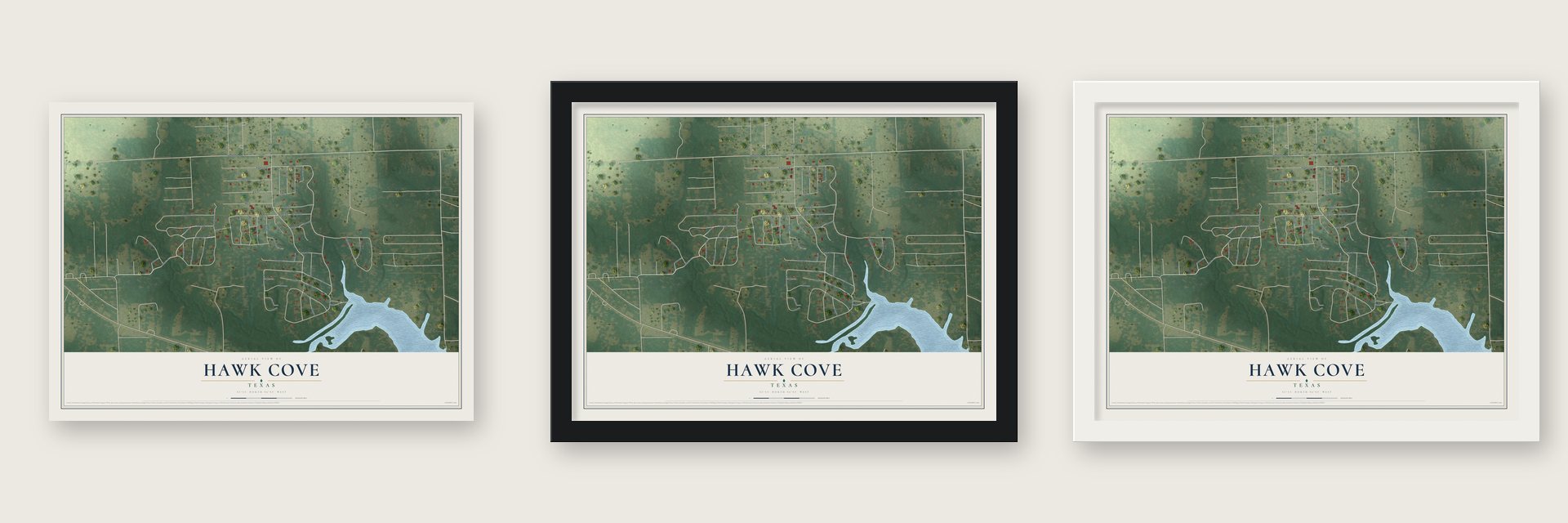 Hawk Cove, Texas map unframed, in a black wood frame and in a white wood frame