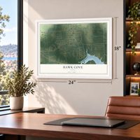 Hawk Cove, Texas map, 18 x 24 inch print in a white frame in a home office