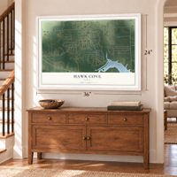 Hawk Cove, Texas map, 24 x 36 inch print in a white frame above a dresser by a staircase