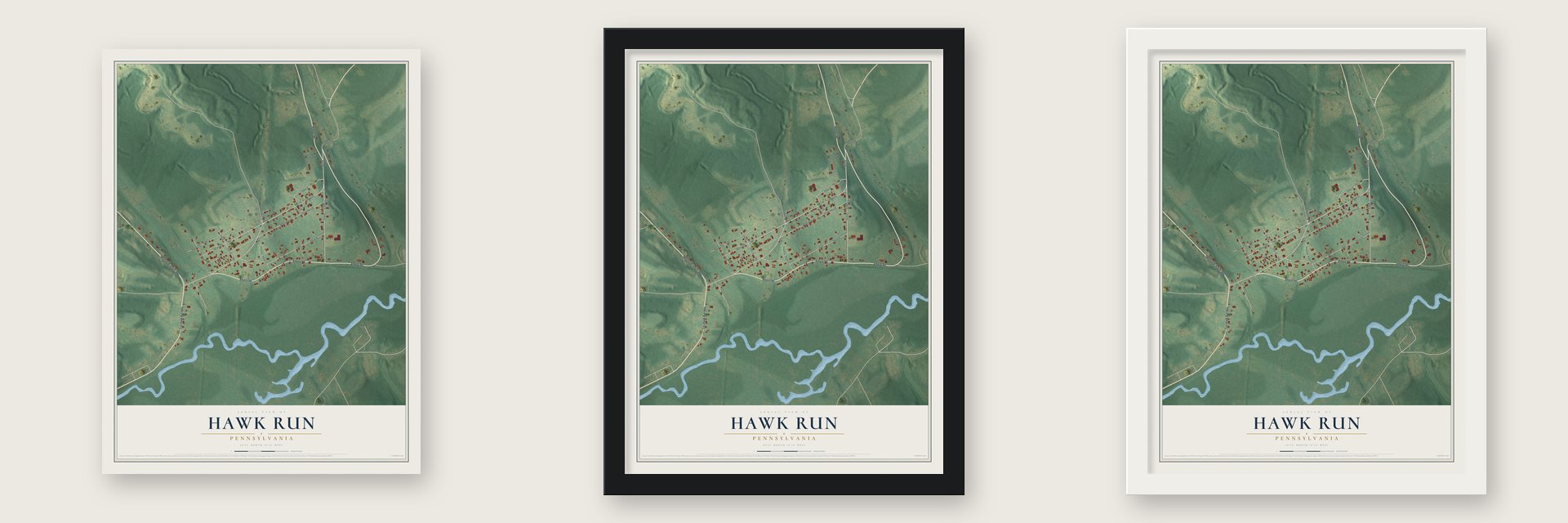 Hawk Run, Pennsylvania map unframed, in a black wood frame and in a white wood frame