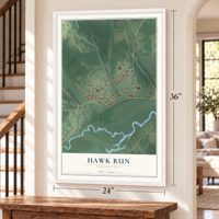 Hawk Run, Pennsylvania map, 24 x 36 inch print in a white frame by a staircase